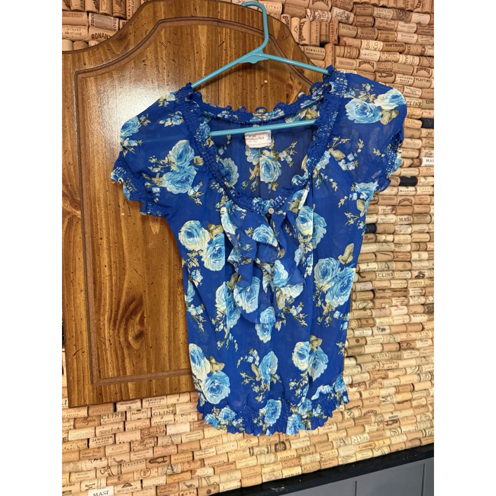 Y2K Style Abercrombie Women Floral Sheer Top Size XS Blue Ruffle
